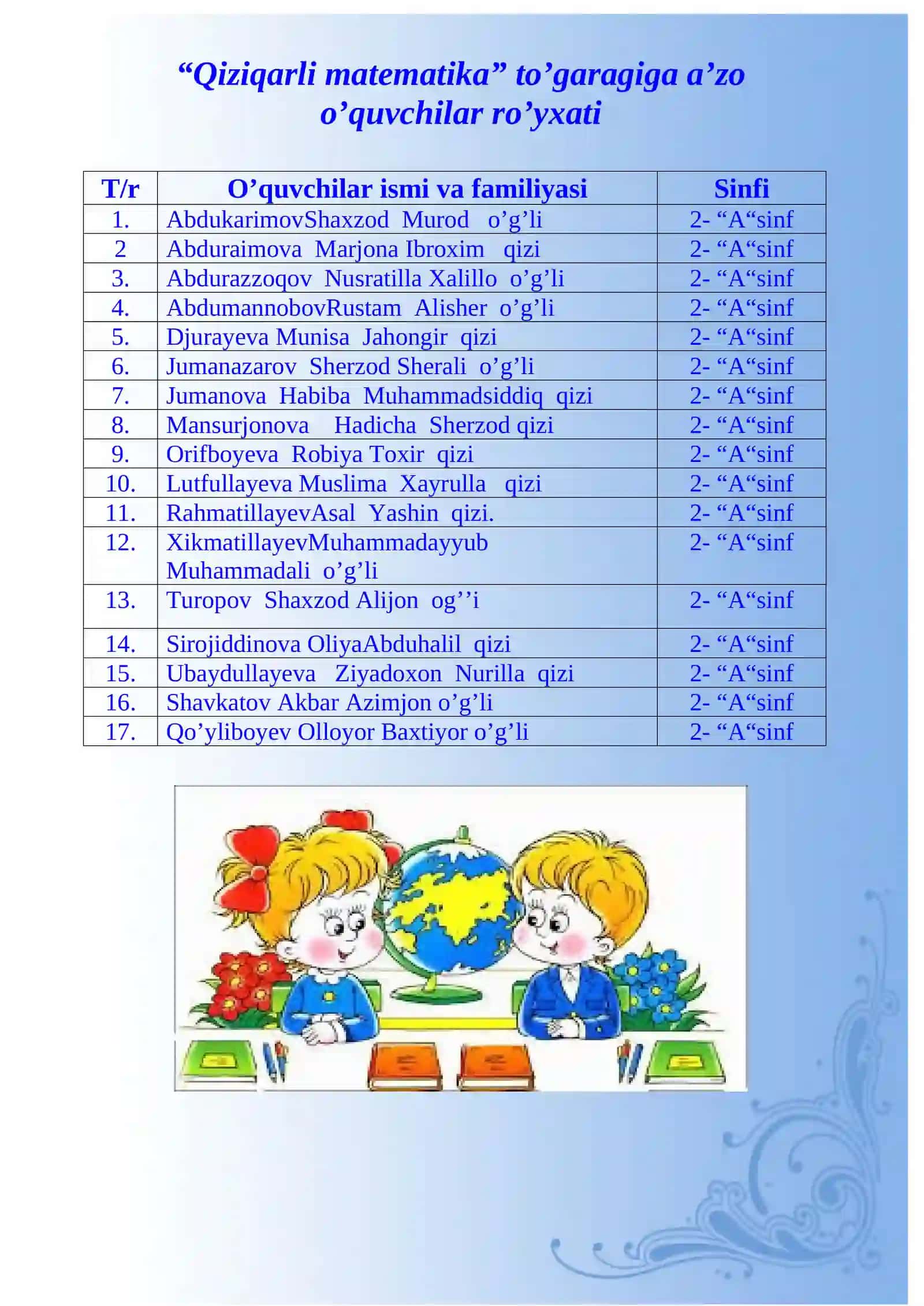 2-sinf Matematika fanidan to'garak hujjatlari, konspekti, ish rejasi 2