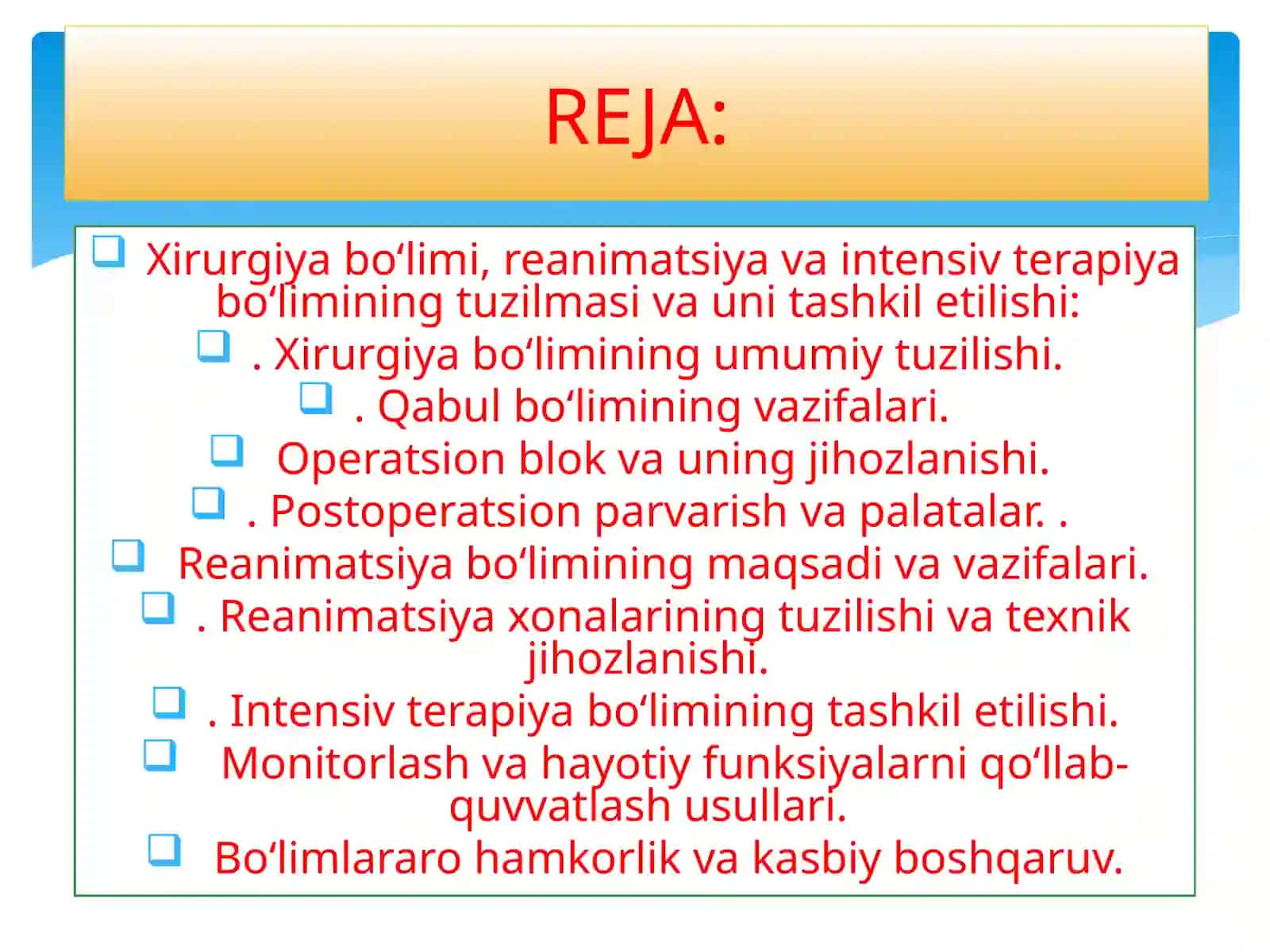 Xirurgiya bo'limi tuzilmasi va unitashkil etilishi 2