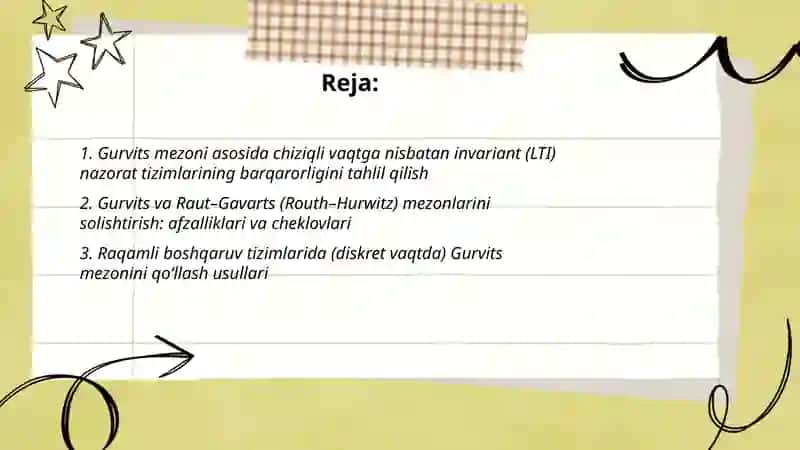 Gurvits mezonidan foydalangan holda avtomatik boshqarish tizimlarining barqarorligini oʻrganish 2