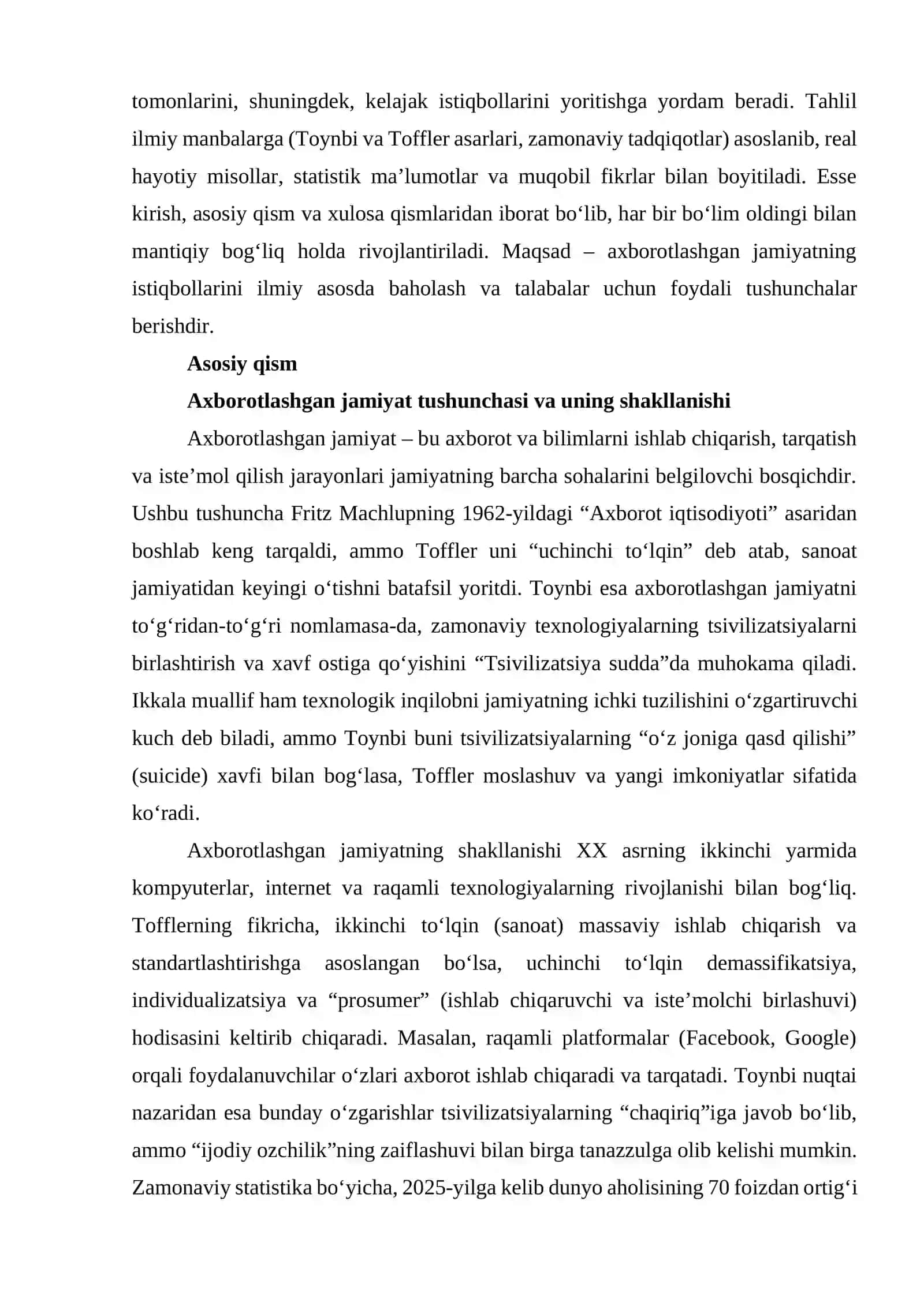 "Axborotlashgan jamiyat va uning istiqbollari" (A.Toynbi va E.Toffler asarlarining qiyosiy tahlili asosida) 2