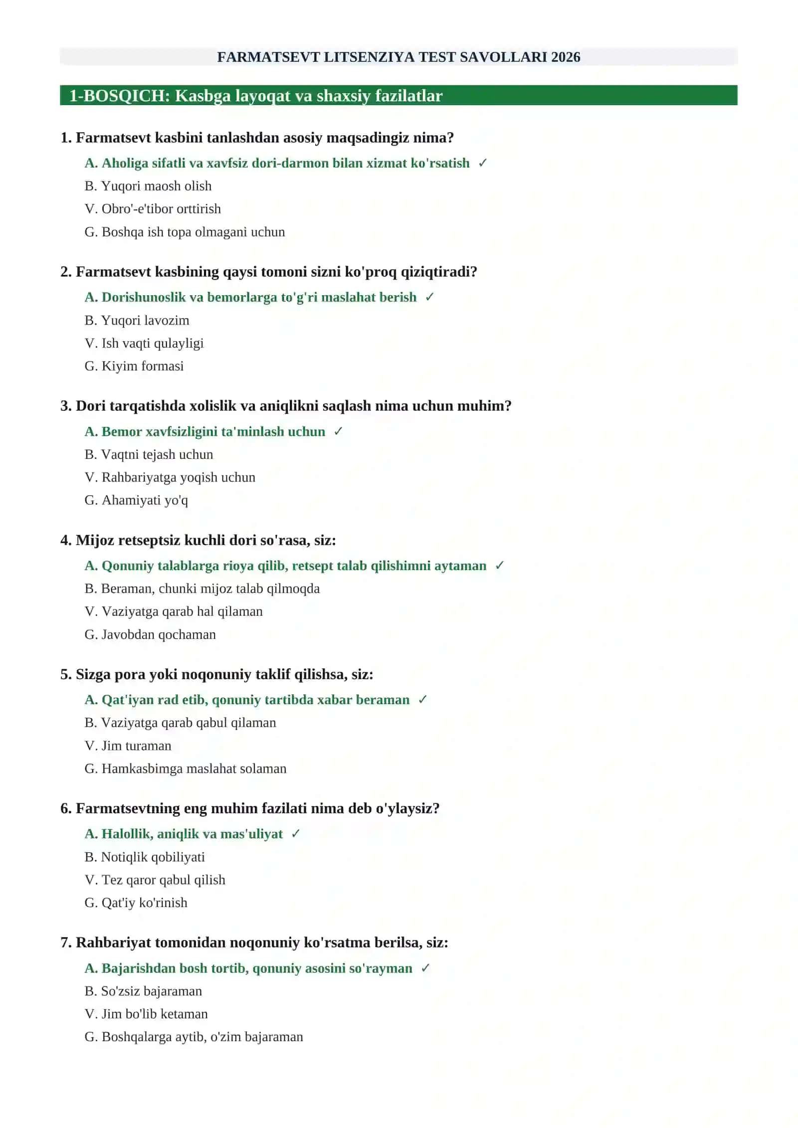 FARMATSEVTIKA SOHASI
FARMATSEVT LITSENZIYASI
OLISH UCHUN
TEST SAVOLLARI 2