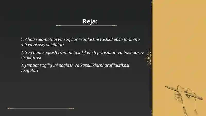 Aholi salomatligi va sog'liqni saqlashni tashkil etish fanining roi va asosiy vazifalari. Tibbiy statistika, uning sog'liqni saqlashdagi ahamiyati, statisuk tadqiqotlar turlari va ularning asosiy vazifalari 2