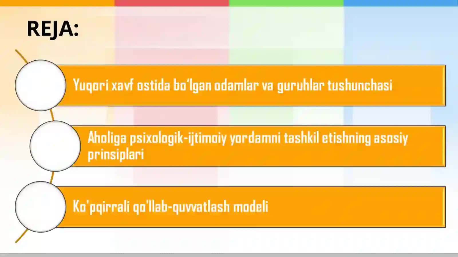 Yuqori xavf ostida bo‘lgan odamlar va guruhlar. Aholiga psixologik-ijtimoiy yordamni tashkil etishning asosiy prinsiplari: ko'pqirrali qo'llab-quvvatlash modeli 2