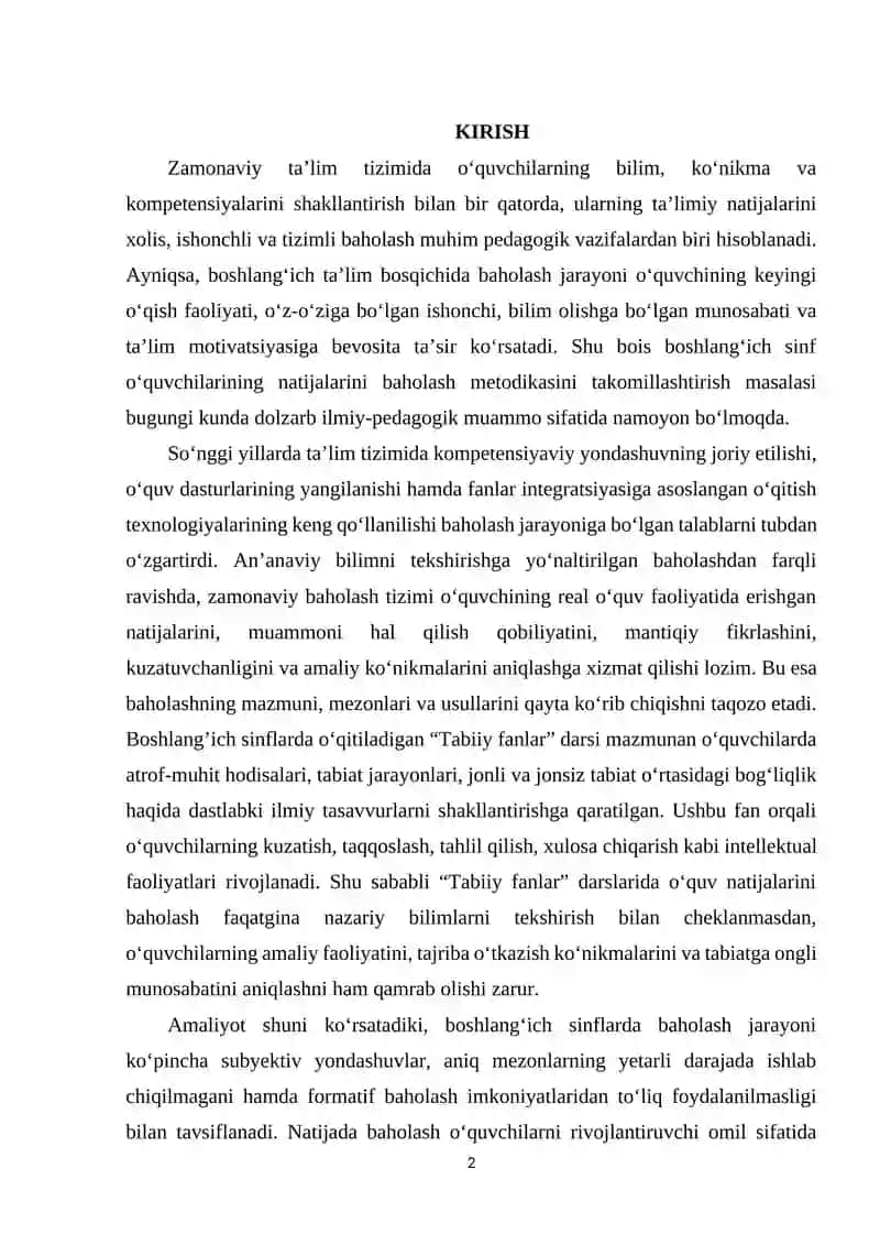 BOSHLANG'ICH SINF O'QUVCHILARINING NATIJALARINI BAHOLASH METODIKASI VA AMALYOTI 2