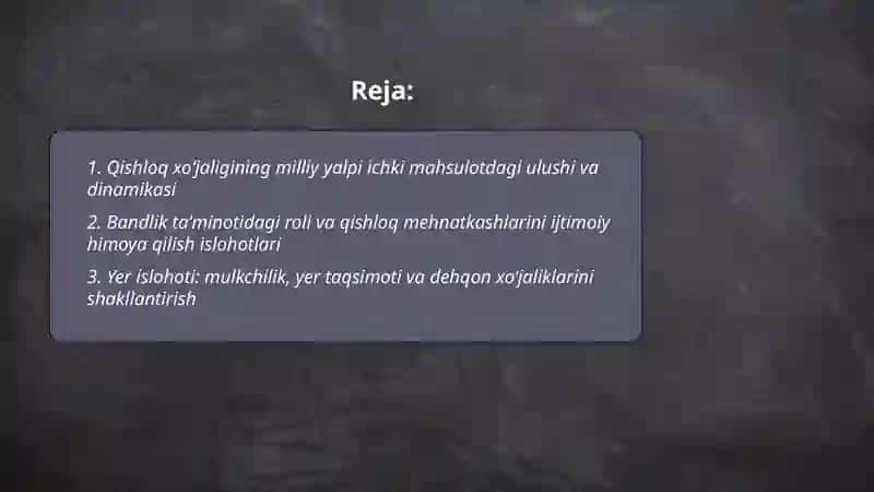 Respublikamiz iqtisodiyotida qishloq xojaligini tutgan oʻrni va undagi islohotlar 2