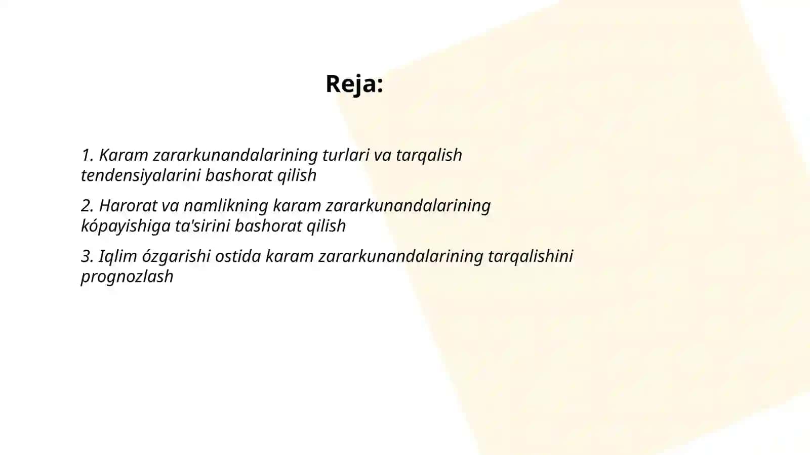 Karam zararkunandalarini tarqalishi va kópayishini bashorat qilish 2