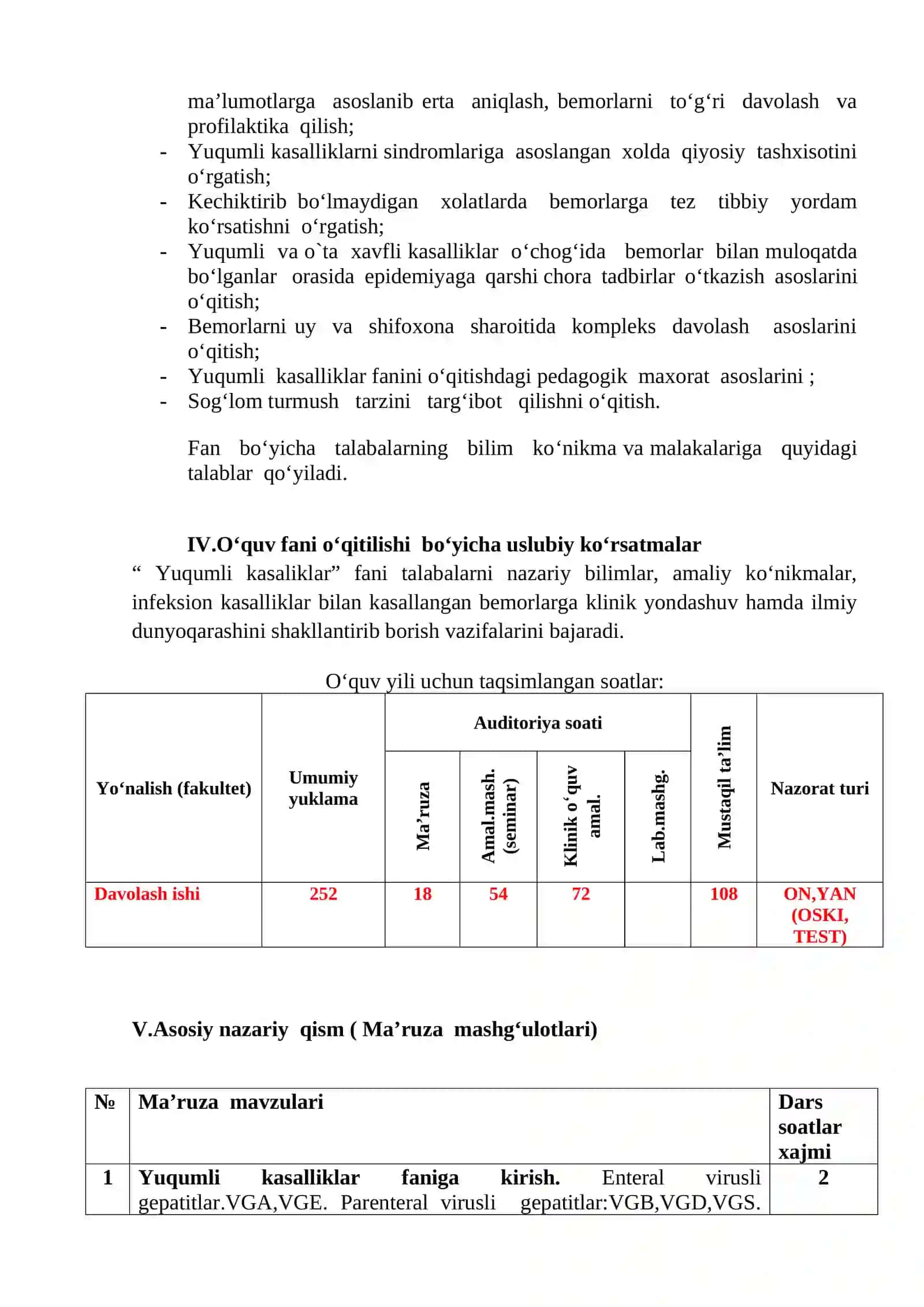YUQUMLI KASALLIKLAR FANINING ISHCHI O‘QUV DASTURI 5-KURS 2
