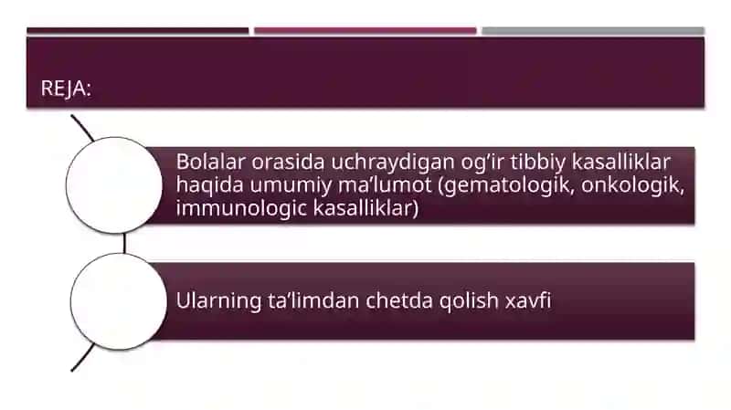 Gematalogiya, onkologiya, klinik immunologiya, boshqa statsionar va uzoq muddatli ambulator davolanishida bo’lgan bolalarga uzluksiz ta’lim-tarbiya berishni ta’minlash. 2