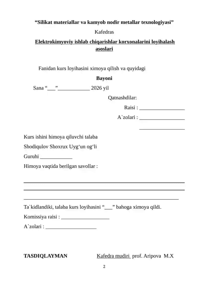 Litiy ionli batareykalar ishlab chiqarish sexini loyihalash va asosiy qurilma hisobi 2