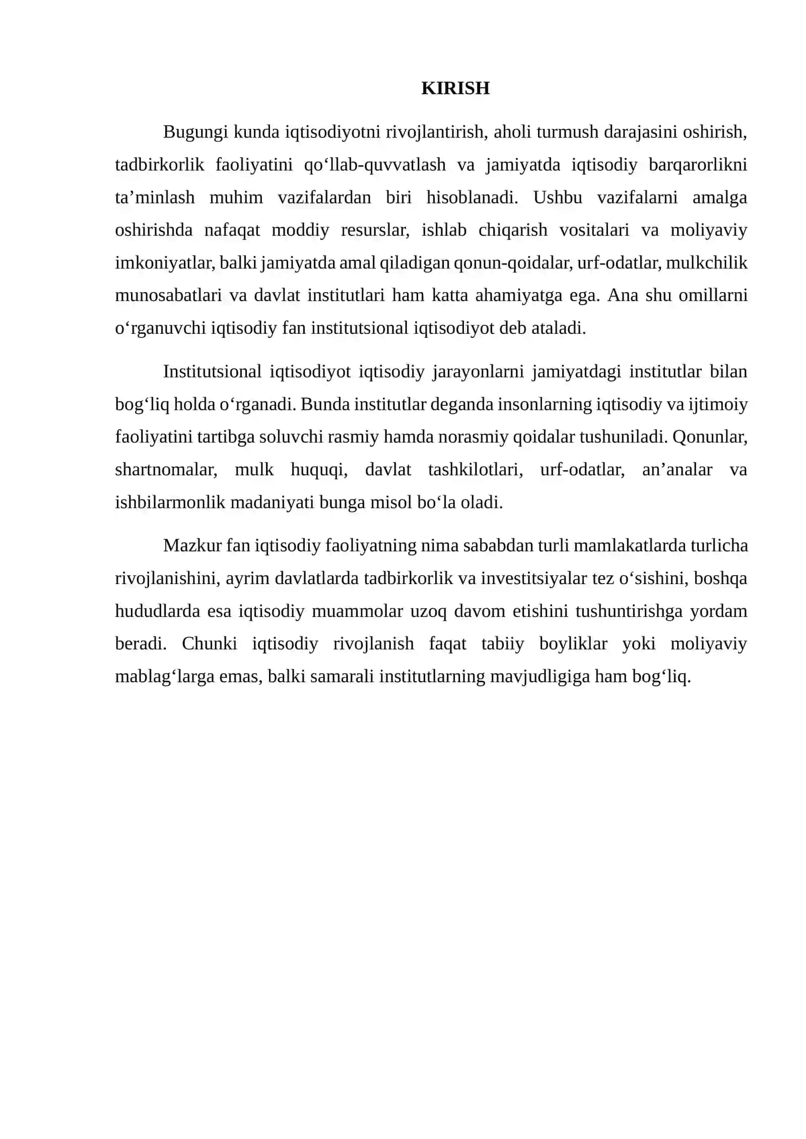 INSTITUTSIONAL IQTISOD FANIGA KIRISH. FANNING MOHIYATI, TARKIBI, SABABLARI VA OQIBATLARI 2