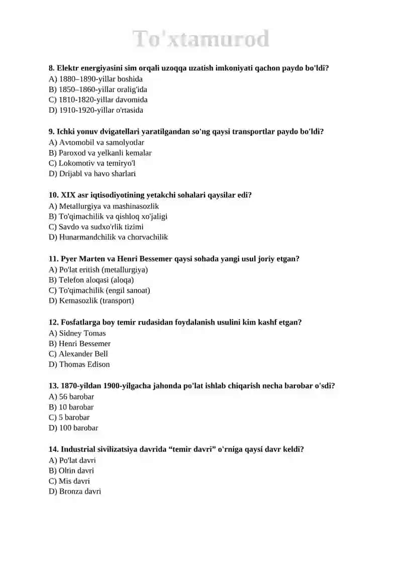 🏛️ Tarix fanidan FABIU uchun mavzulashtirilgan testlar to‘plami 📚🧠 2