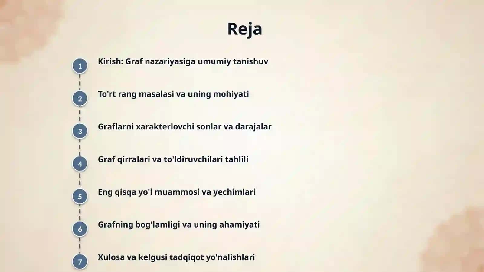 Toʻrt xil rang masalasi. Graflarni xarakterlovchi sonlar. Graf uchlari darajasi.Graf qirralari soni. Graflarning toʻldiruvchilari. Eng qisqa yoʻl. Grafning boglamligi 2