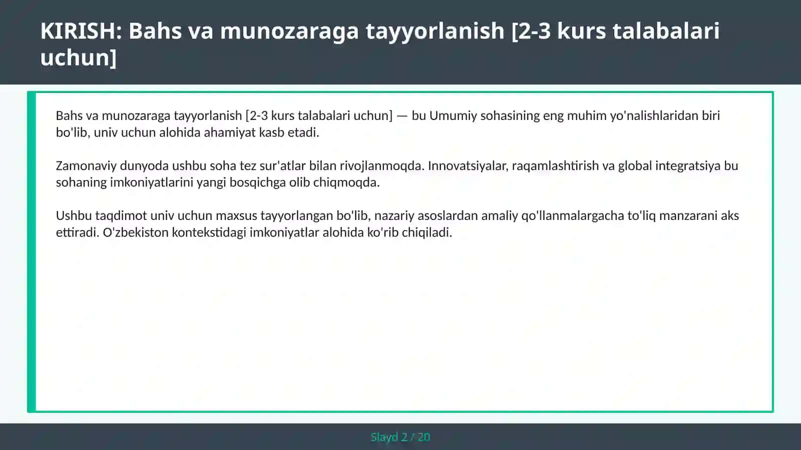 Bahs va munozaraga tayyorlanish [2-3 kurs talabalari uchun] 2