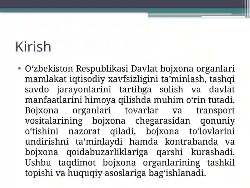 O'zbekiston Respublikasi Davlat bo'jxona organlari faoliyatining tashkiloti va huquqiy asoslari 2
