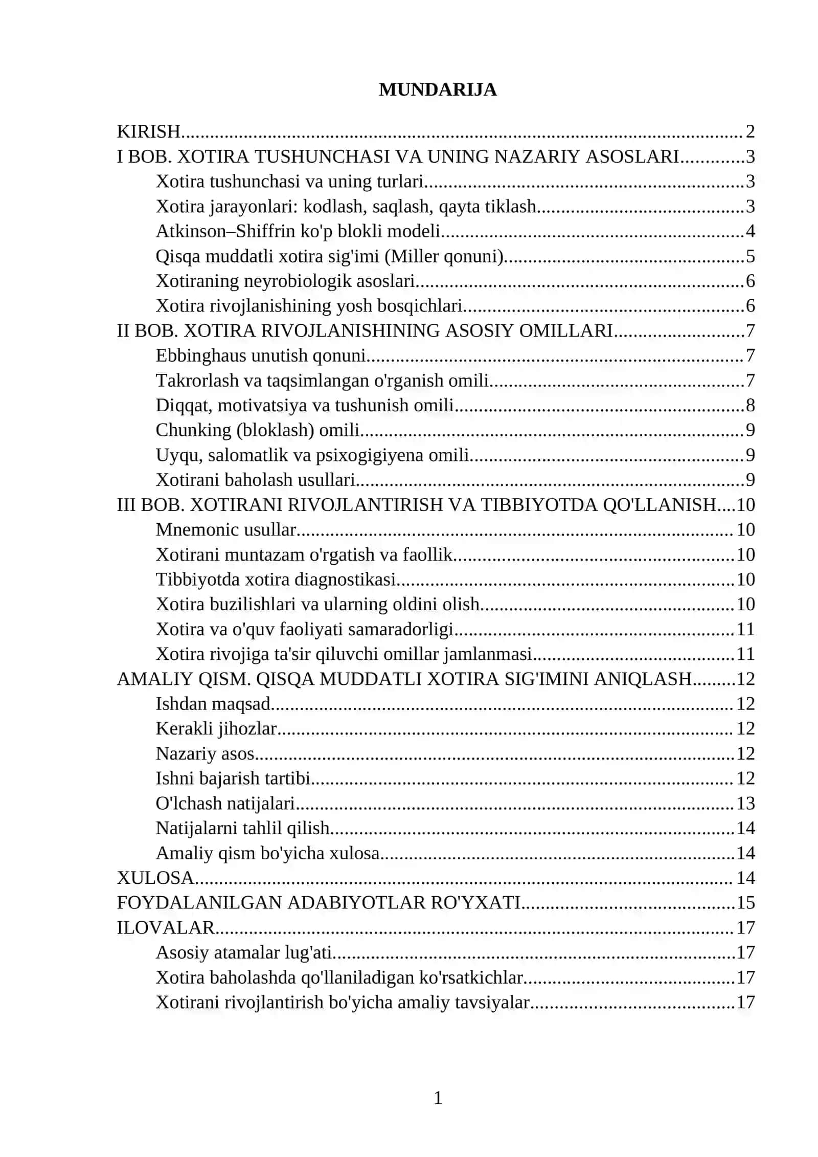 MUSTAQIL ISH: XOTIRA RIVOJINING ASOSIY OMILLARI VA SHART-SHAROITLARI 2