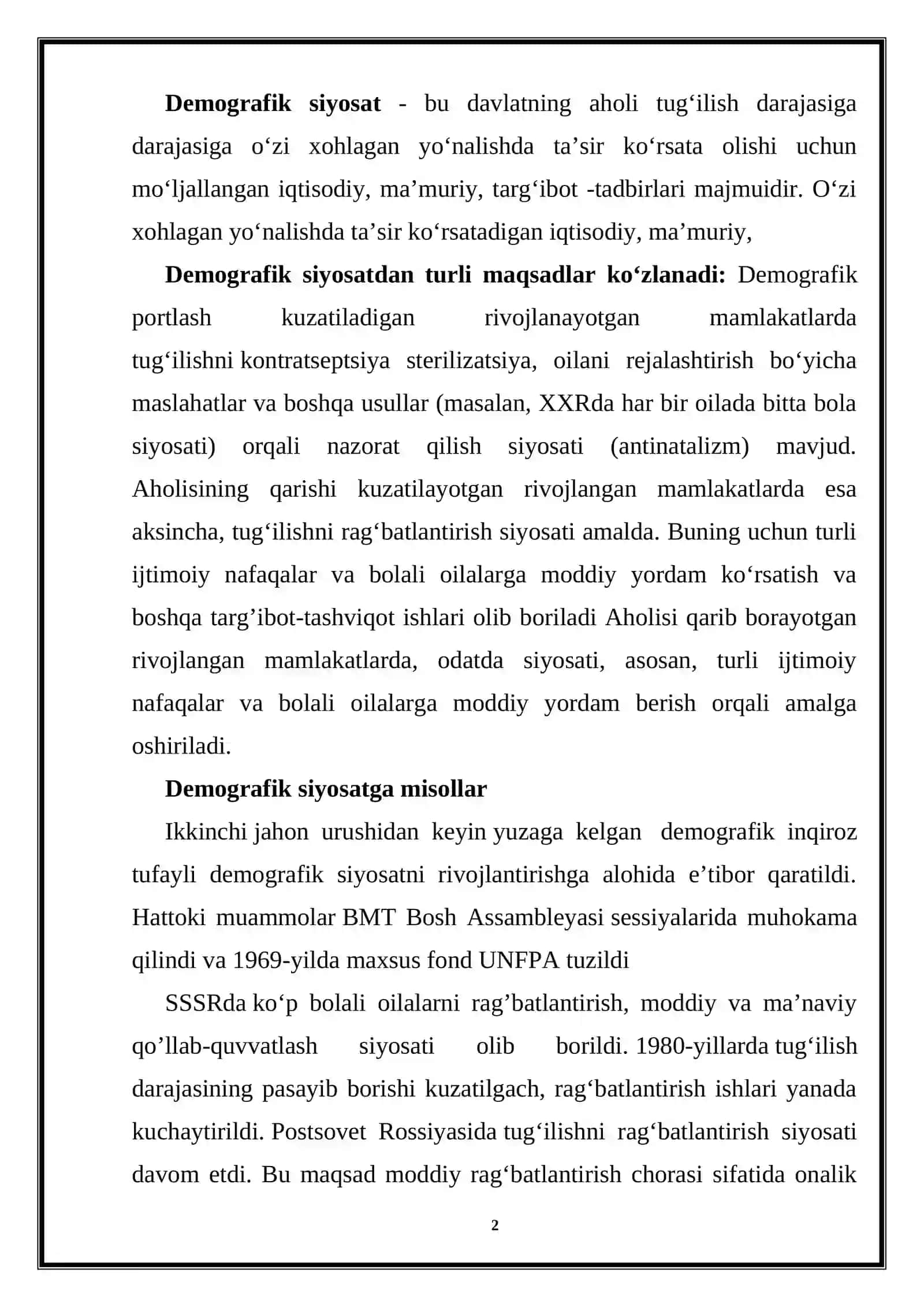 Demografik siyosat tarkibi va amalga oshirish yo'llari 2