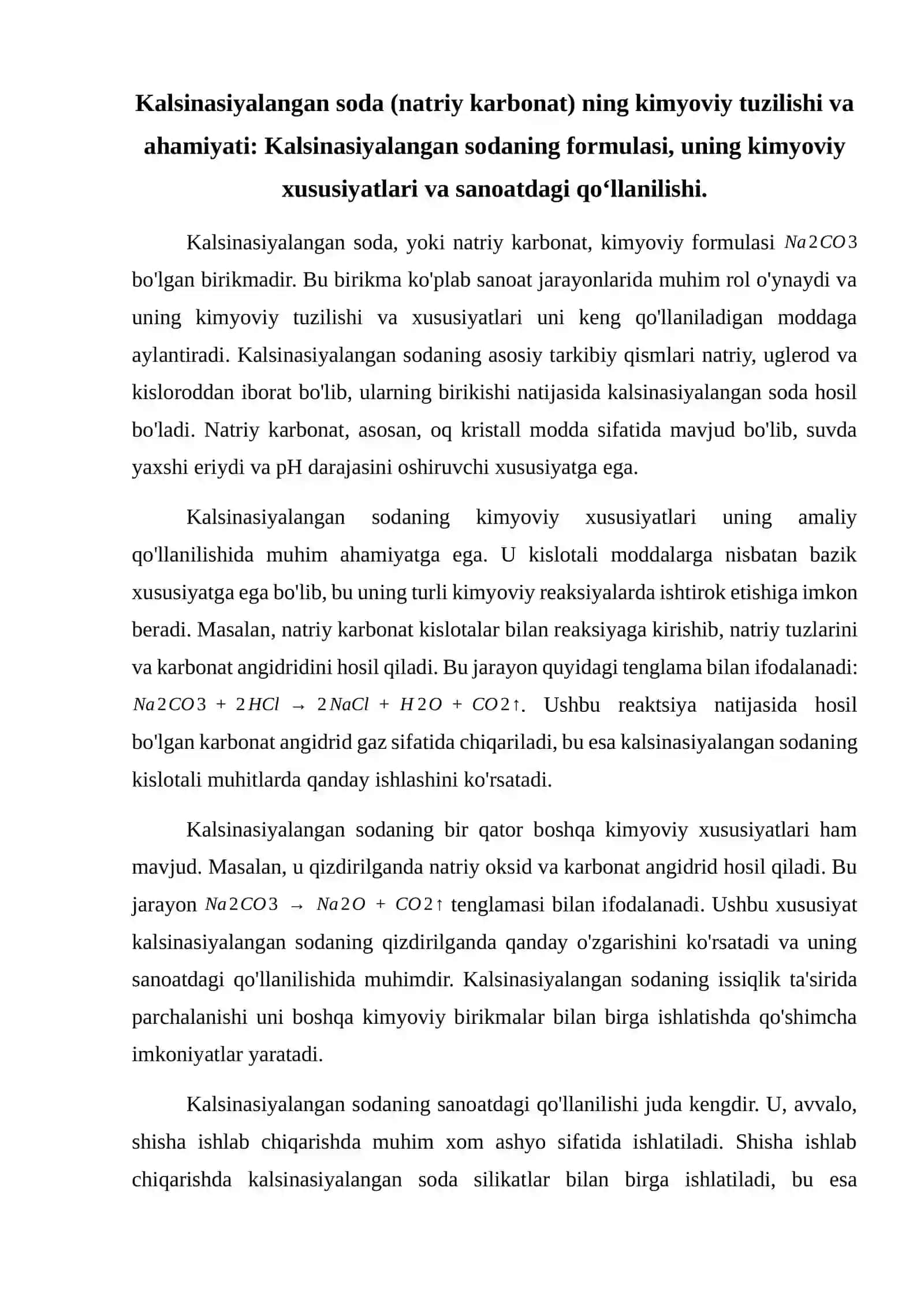 Kalsinasiyalangan soda olish uchun sintez qilish reaksiyasi. 2