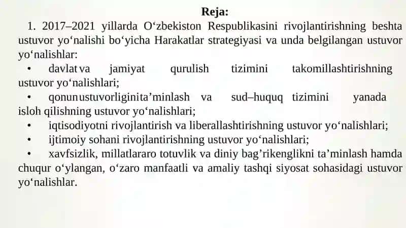 Yangi O‘zbekistonda Prezident Sh.M.Mirziyoyev rahbarligi va tashabbusi ostida amalga oshirilayotgan islohotlar. Yangi O‘zbekistonda xalqchil va insonparvar davlat qurishning ijtimoiy-siyosiy ahamiyati 2