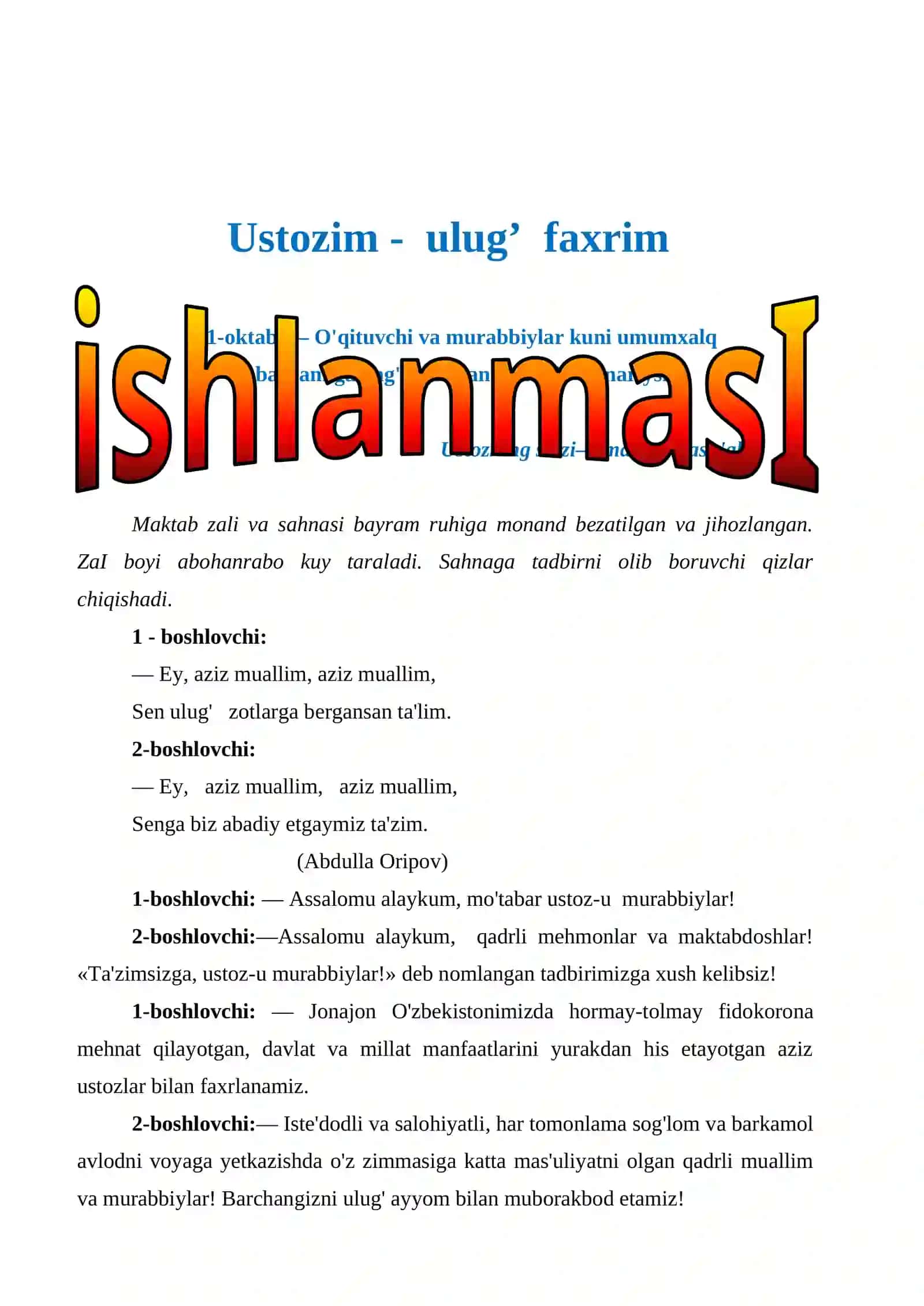 Ustozim -  ulug’  faxrim senariy 2