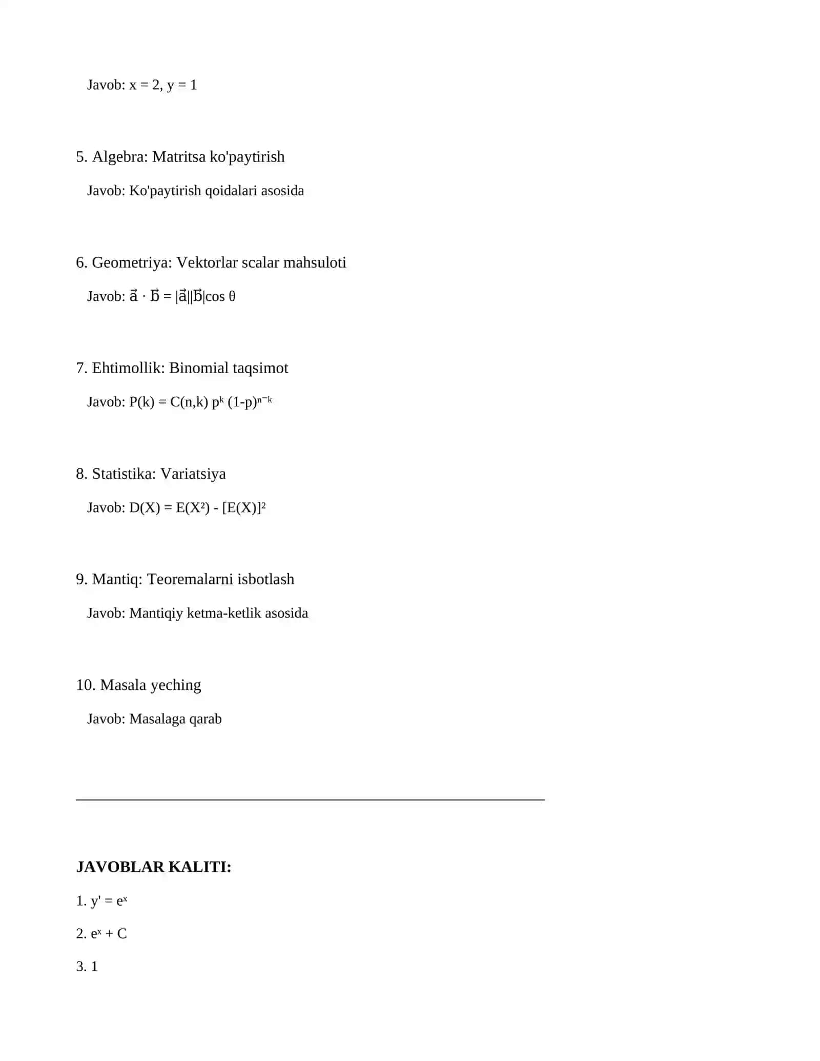 11-sinf-SINF MATEMATIKA FANIDAN NAZORAT ISHI Variant: A 2