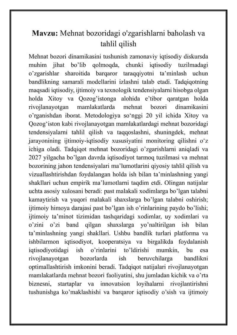 Mehnat bozoridagi o'zgarishlarni baholash va tahlil qilish 2