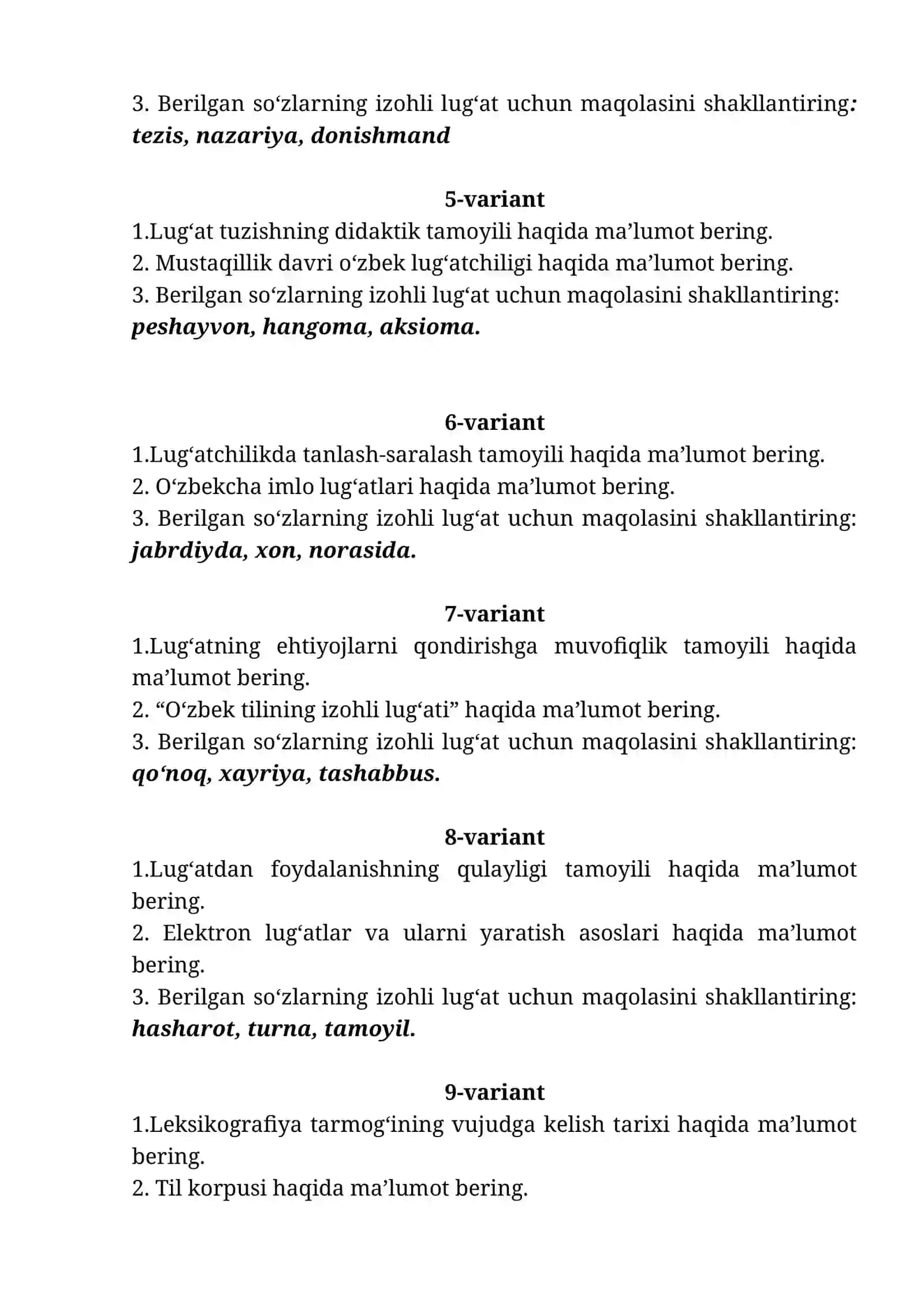 Zamonaviy leksikografiya asoslari fanidan yakuniy nazorat savollari 2