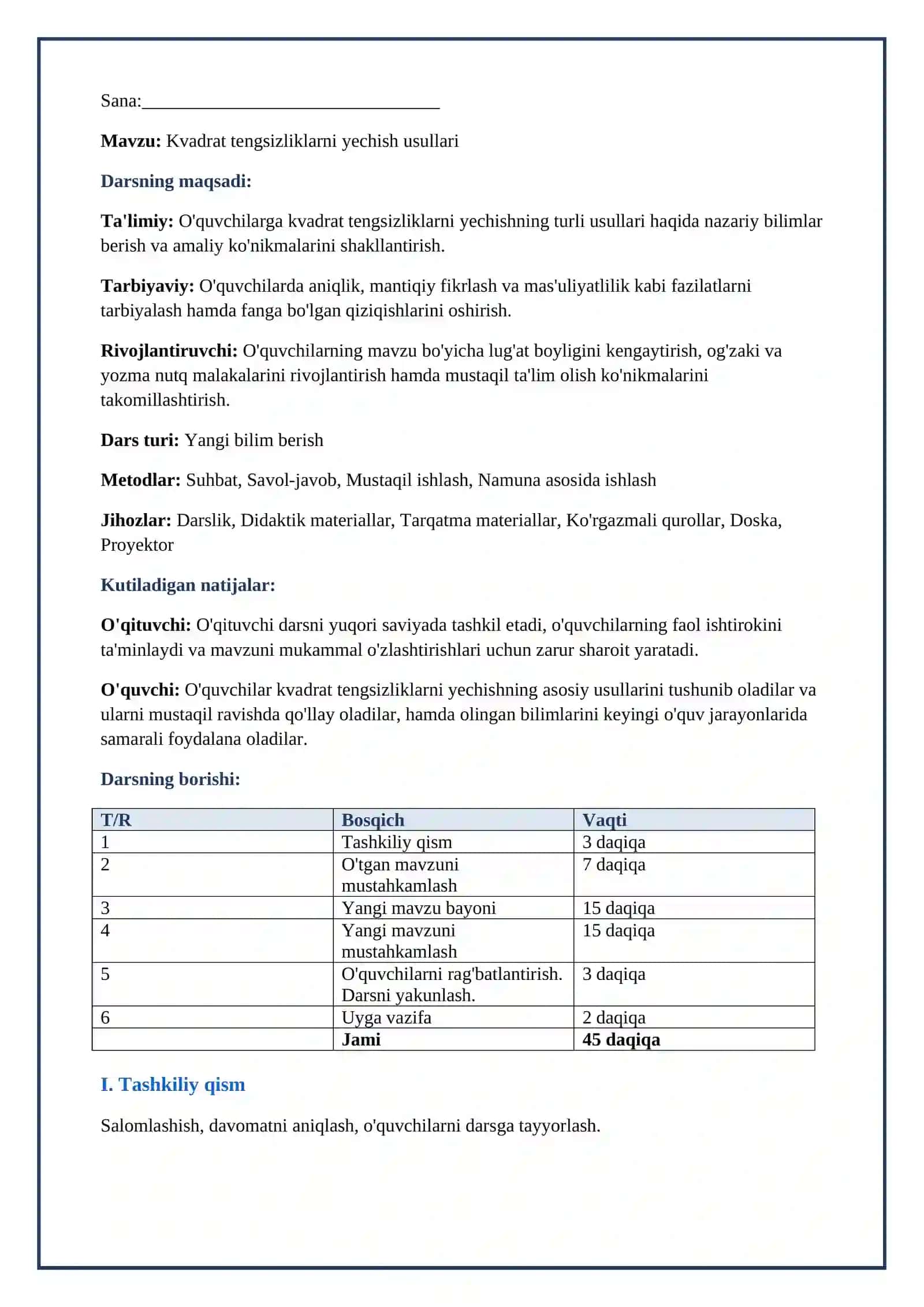 Lesson on Kvadrat tengsizliklarni yechish usullari 2