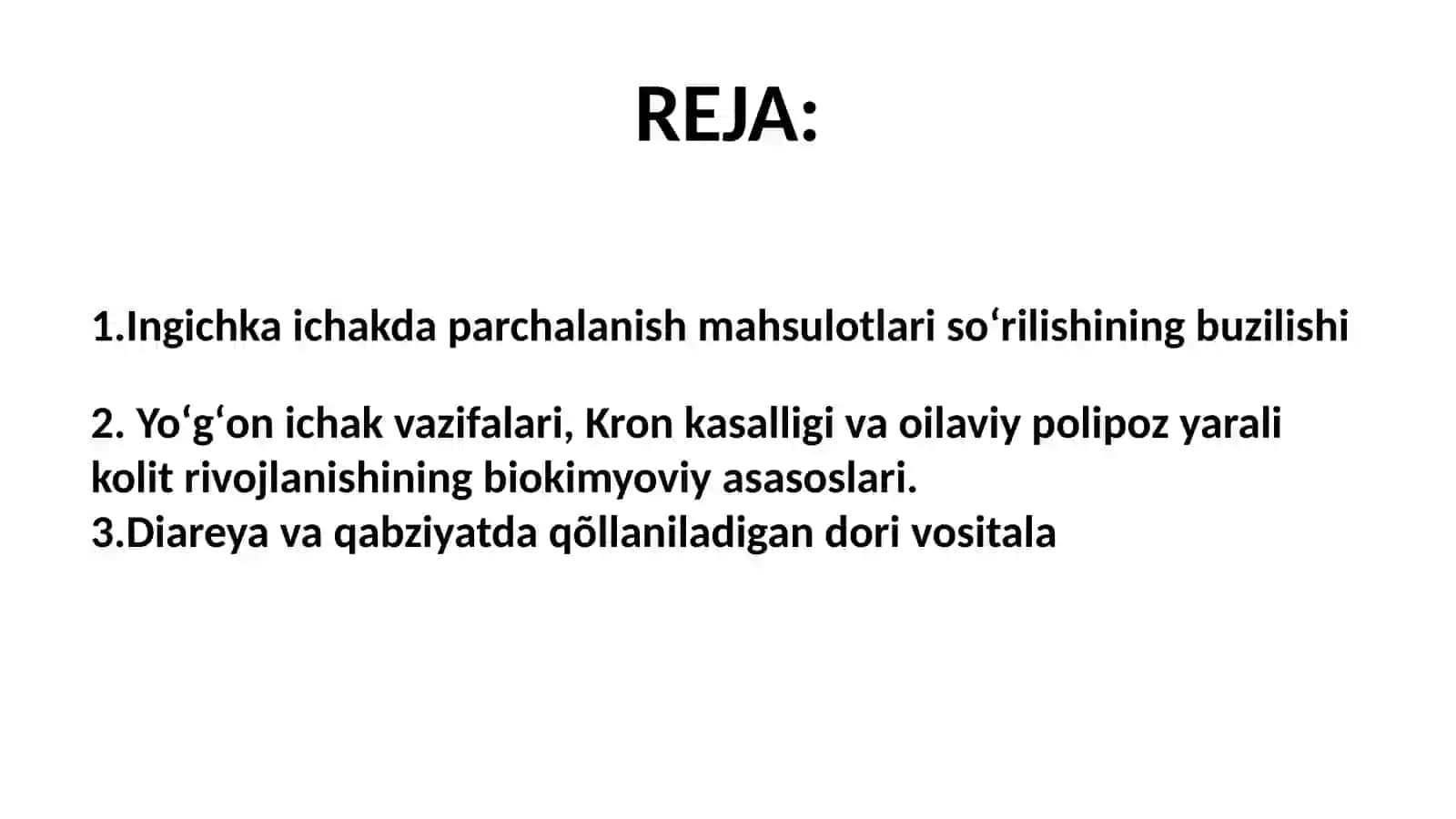 Palonchiyev Pistonchini Biokimyofanidan "Yog‘onichakvazifalari, Kronkasalligivaoilaviypolipozyaralikolitrivojlanishiningbiokimyoviyasoslari.Diareyavaqabziyatdaqõllaniladigandorivositalari." 2