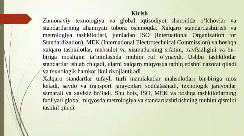 Xalqaro Metrologiya va standartlashtirish tashkiloti (ISO, MEK va boshqalar) 2
