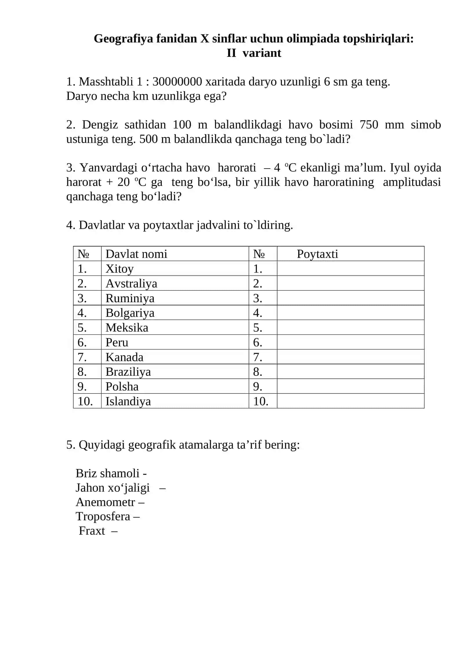 Geografiya fanidan X sinflar uchun olimpiada topshiriqlari 2