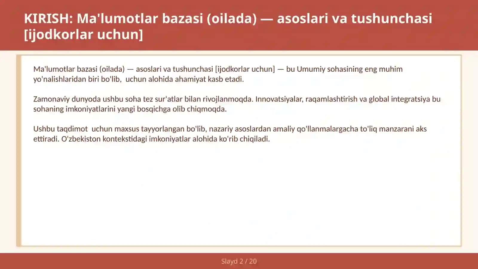 Ma'lumotlar bazasi (oilada) — asoslari va tushunchasi [ijodkorlar uchun] 2