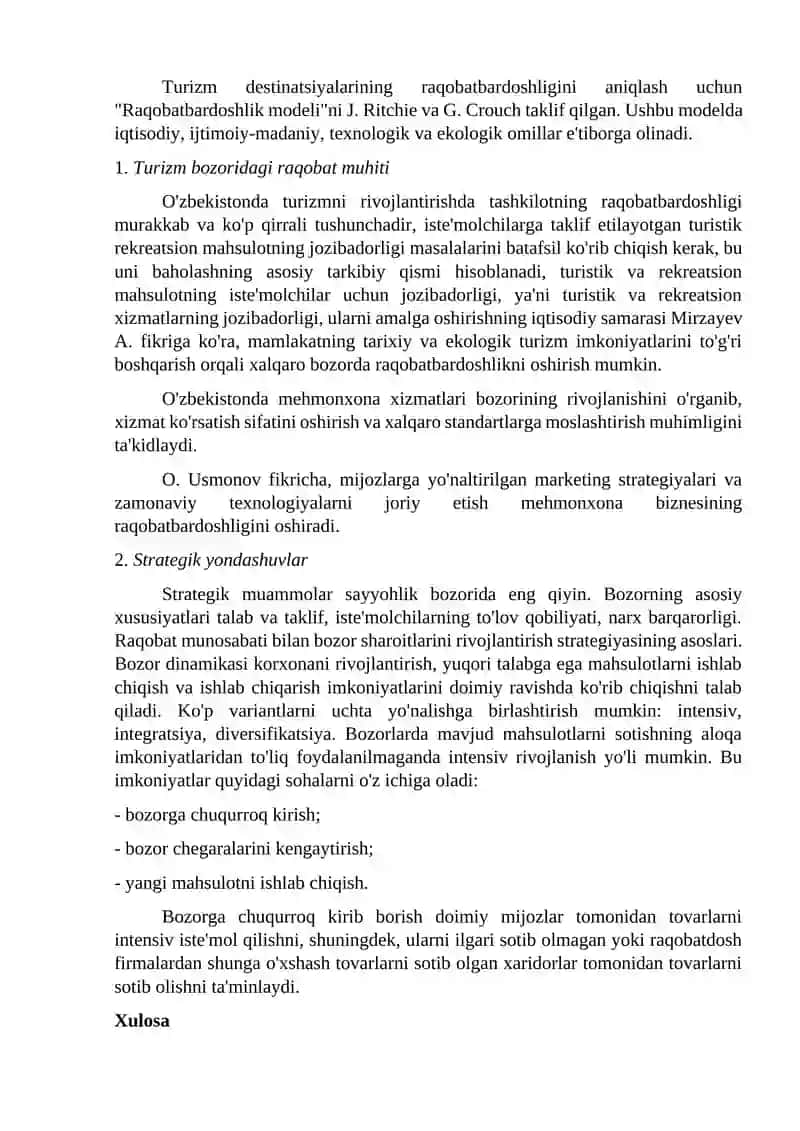 Turizm tadbirkorligi bozoridagi raqobat muhiti va strategik yondashuvlar 2