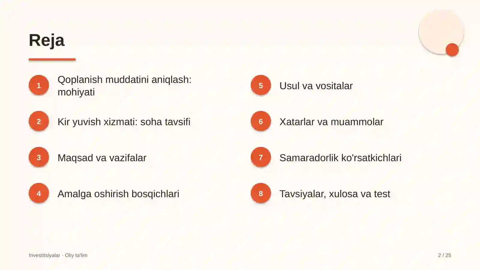 Kir yuvish xizmatida investitsiyalarning qoplanish muddatini aniqlash 2