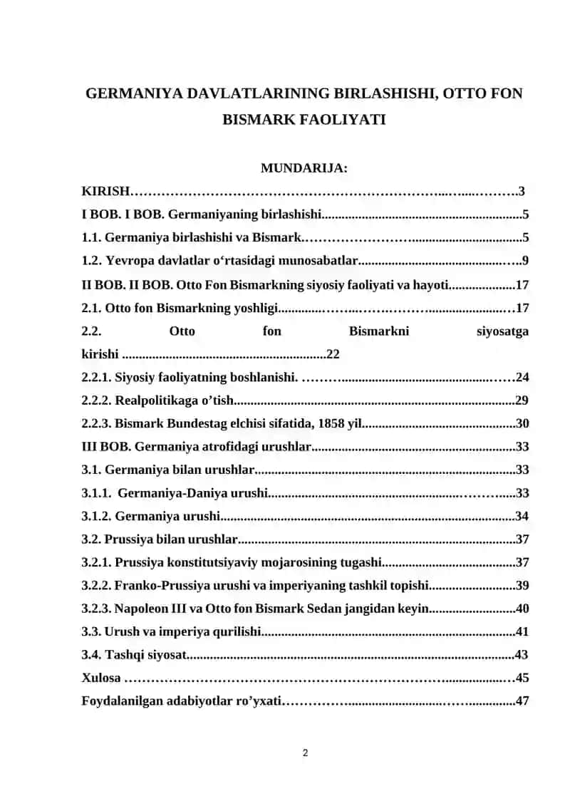 GERMANIYA DAVLATLARINING BIRLASHISHI, OTTO FON BISMARK FAOLIYATI 2