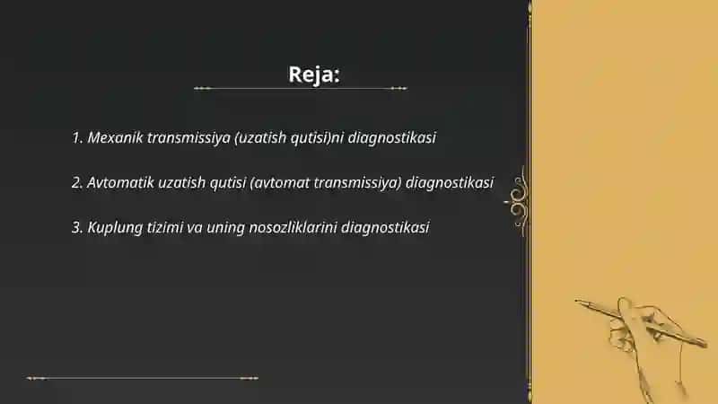 Avtomobillarni kuch uzatmasi agregat va mexanizimlarni deagenostikalash 2