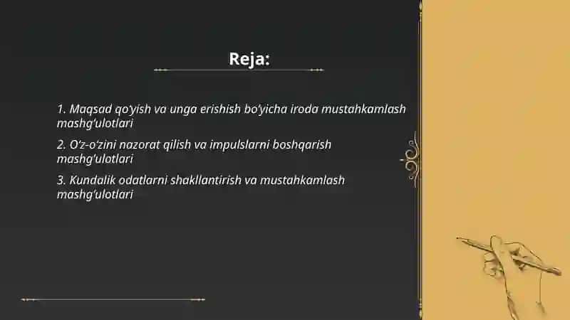 Iroda va irodani mustahkamlovchi psixologik mashgʻulotlar 2