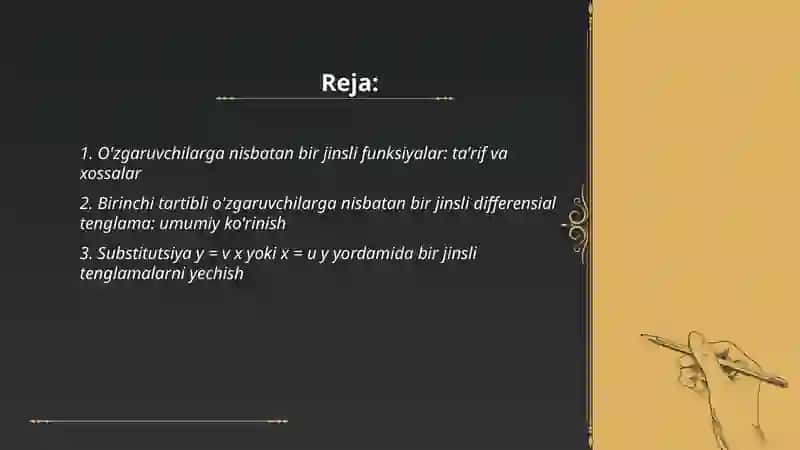 O'zgaruvchilarga nisbatan bir jinsli va unga keltiriladigan differensial tenglamalar 2