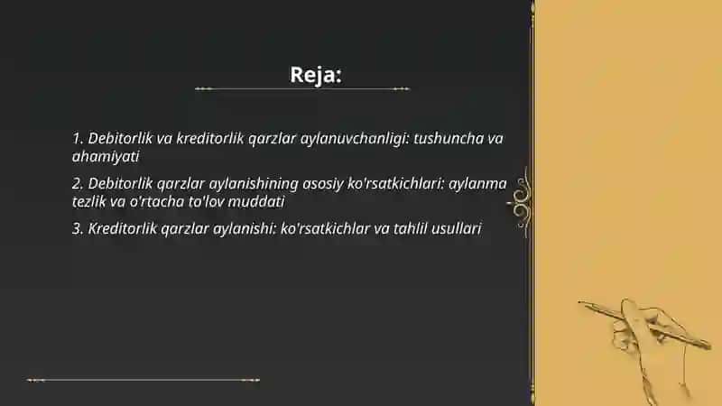 Debitorlik va kreditorlik qarzlarining aylanuvchanligi taxlili va uning aylanishini tezlashtirish yo'llari 2