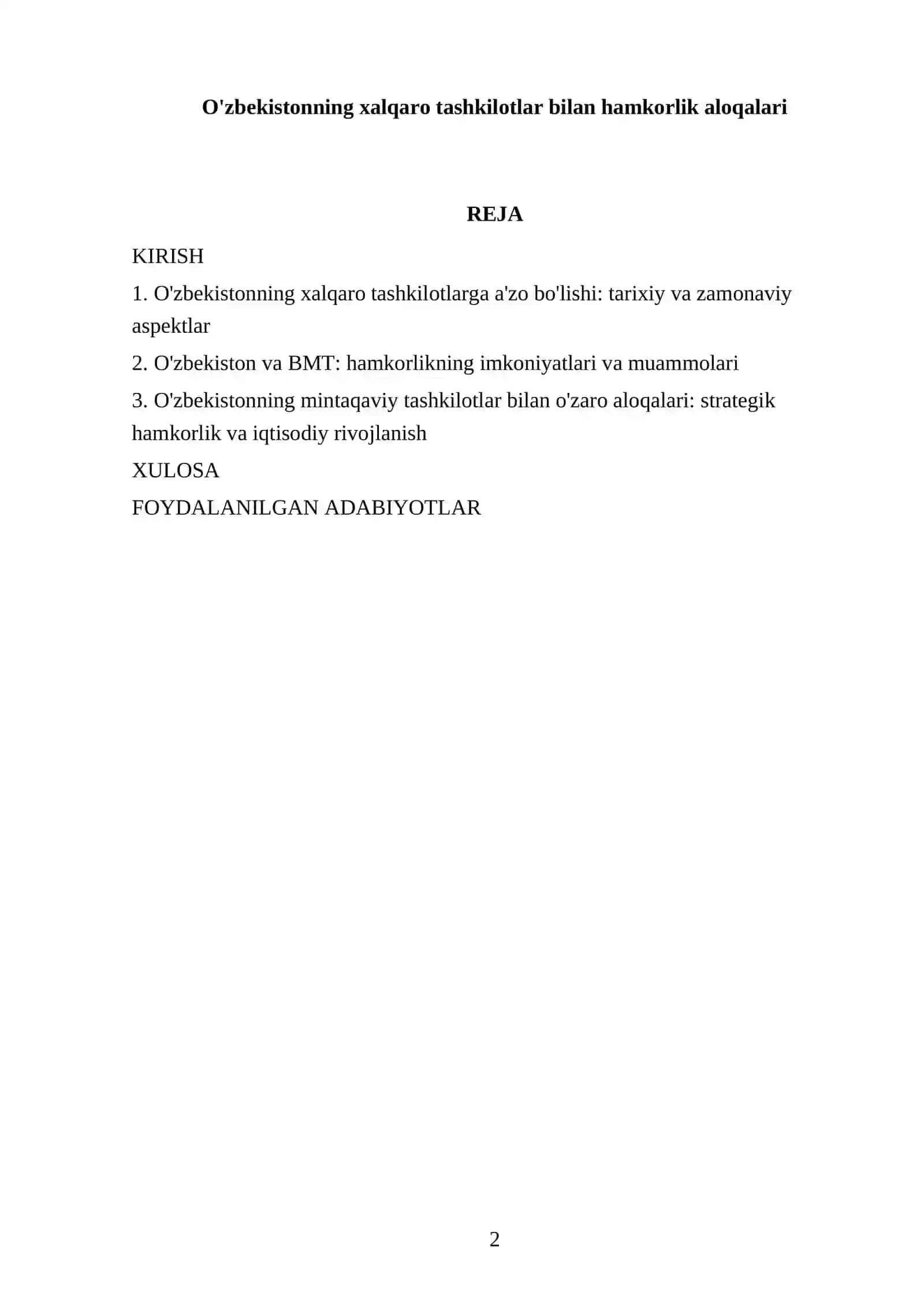 O'zbekistonning xalqaro tashkilotlar bilan hamkorlik aloqalari 2