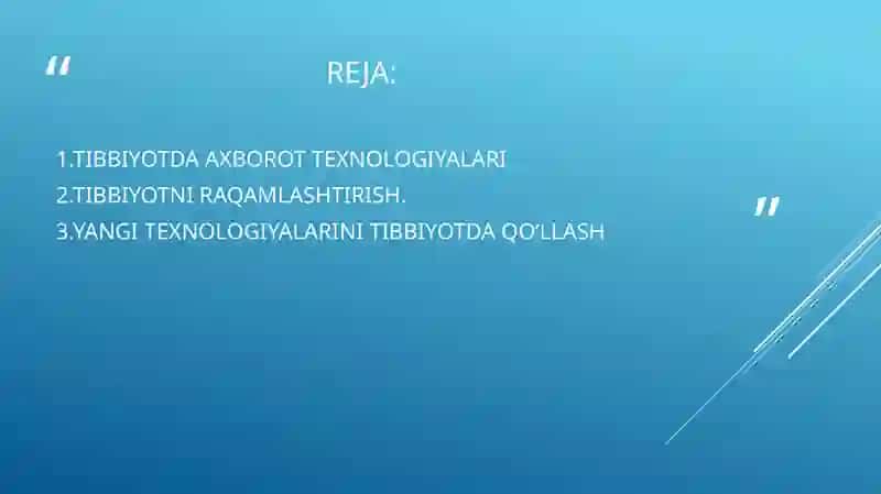 tibbiyotni raqamlashtirish.zamonaviy axborot texnologiyalarining tibbiyotda qo’llanishi. Axborot kommunikatsion texnologiyalarini ta’lim sohasi, ishlab chiqarish va tibbiyotga tadbiq etish 2