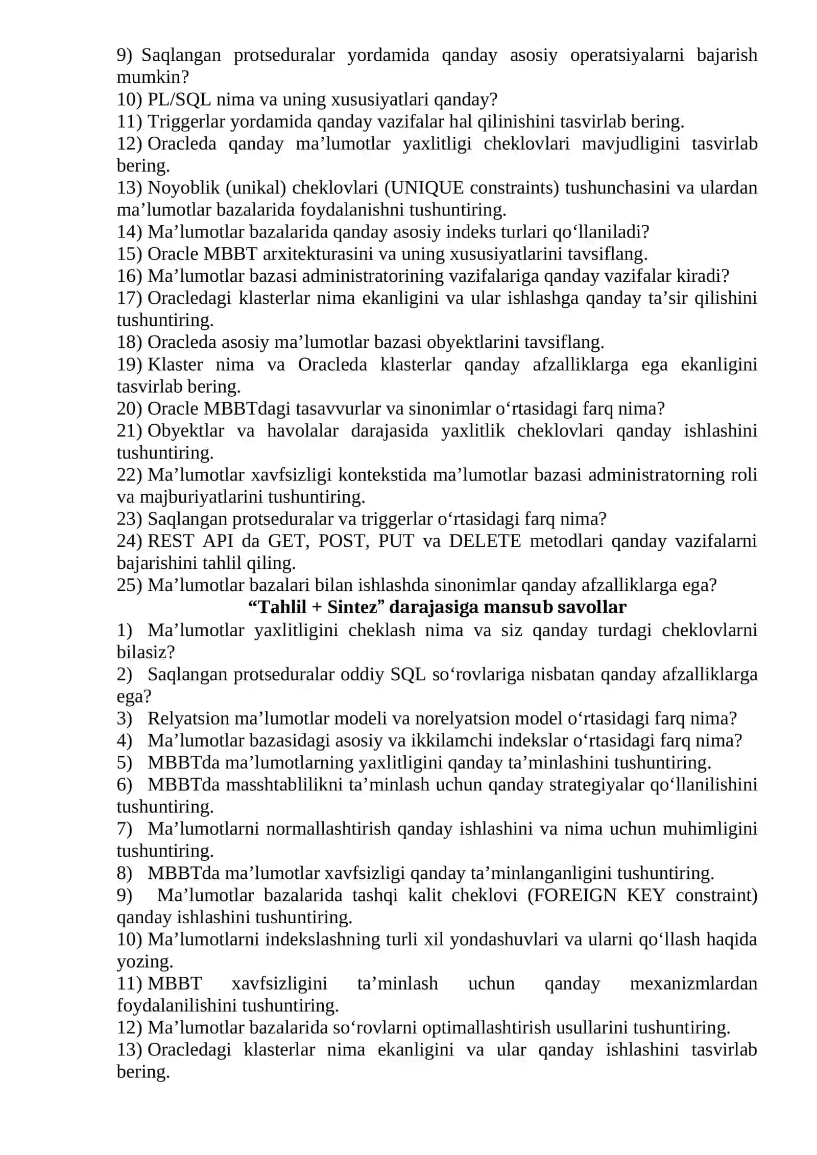 MA’LUMOTLAR BAZASINI BOSHQARISH FANIDAN YAKUNIY NAZORAT SAVOLLARI 2