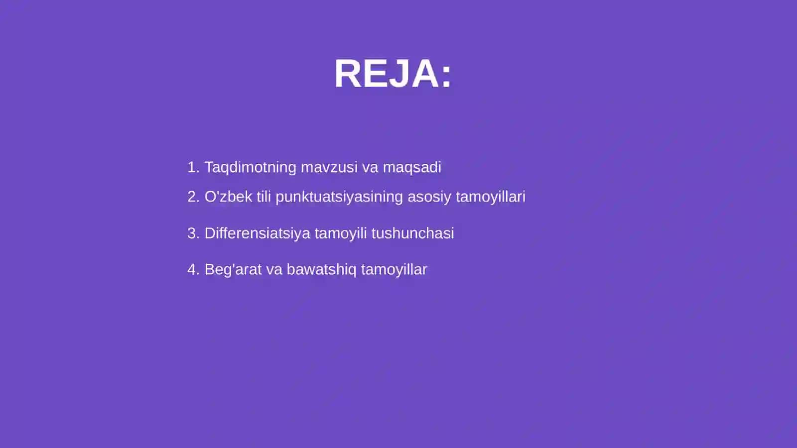O'zbek tili punktuatsiyasining asosiy tamoyillari differensiatsiya tamoyili mavzusida taqdimoti 2