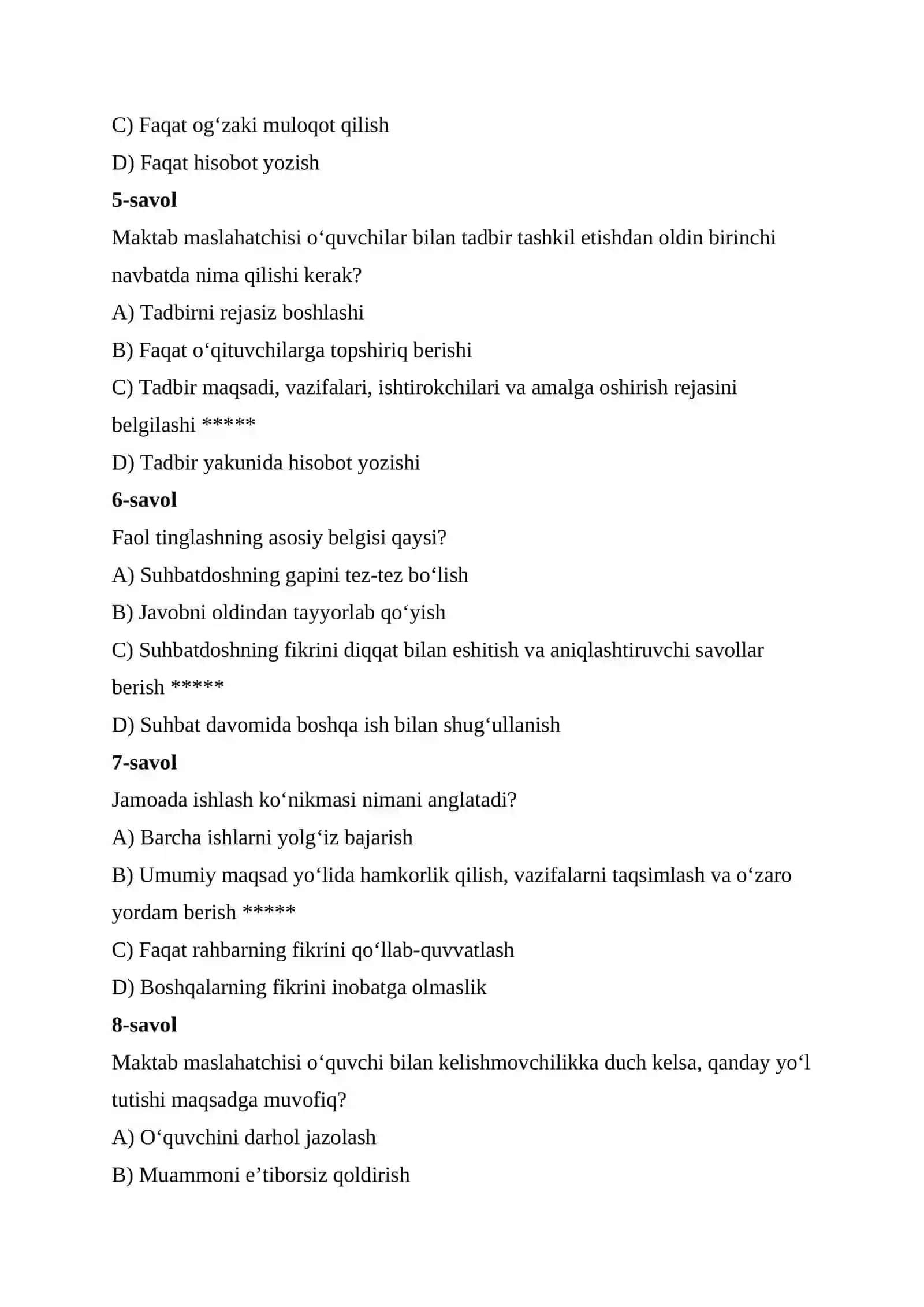 MAKTAB MASLAHATCHISI LAVOZIMIGA KIRISH TESTLARI 2