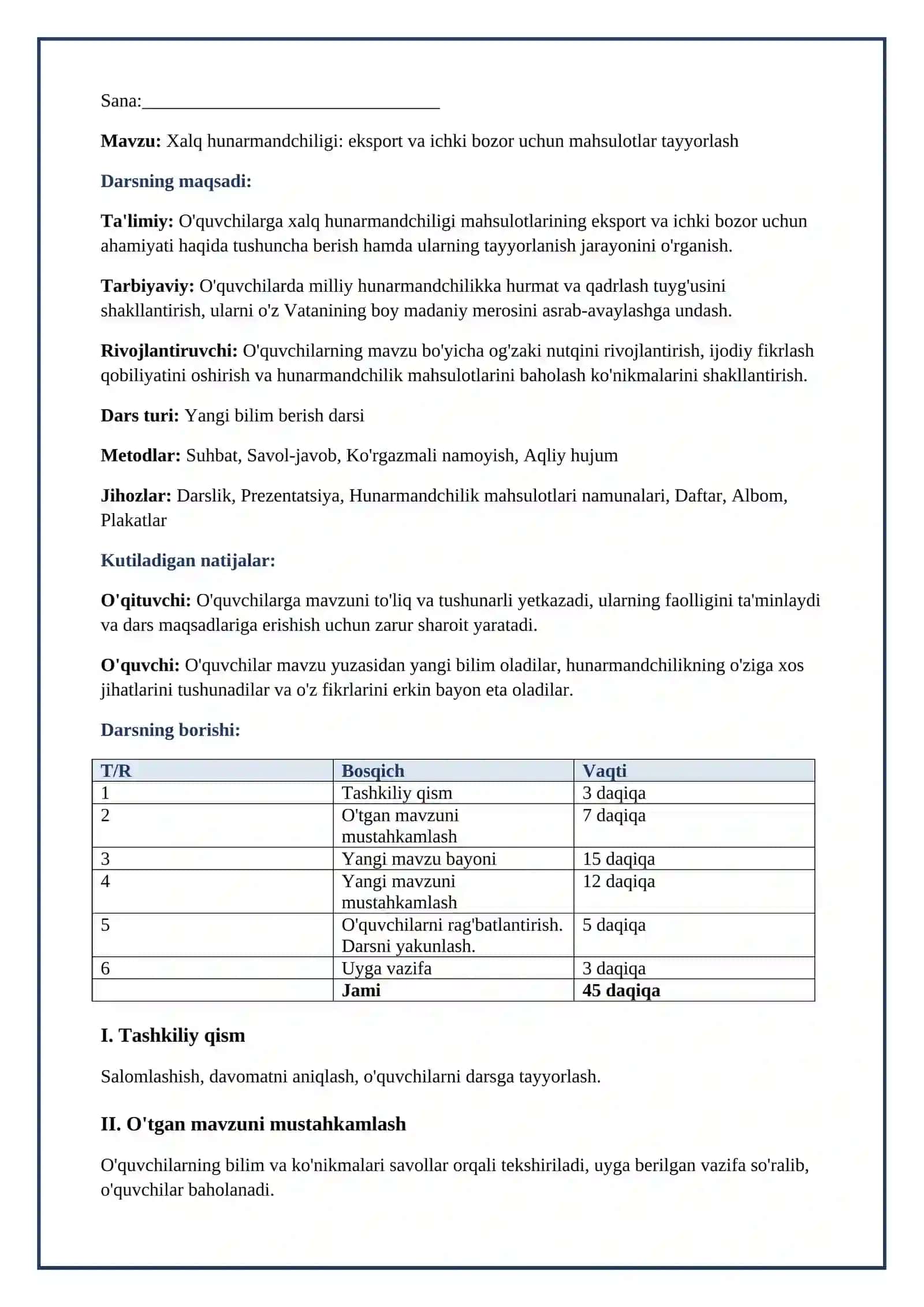 Lesson on texnalogiya: xalq hunarmandlari tamonidan exsportva ichki bozor uchun ishlab chiqarilayotgan mahsulotlar,9-sinf, umumiy orta talim 2