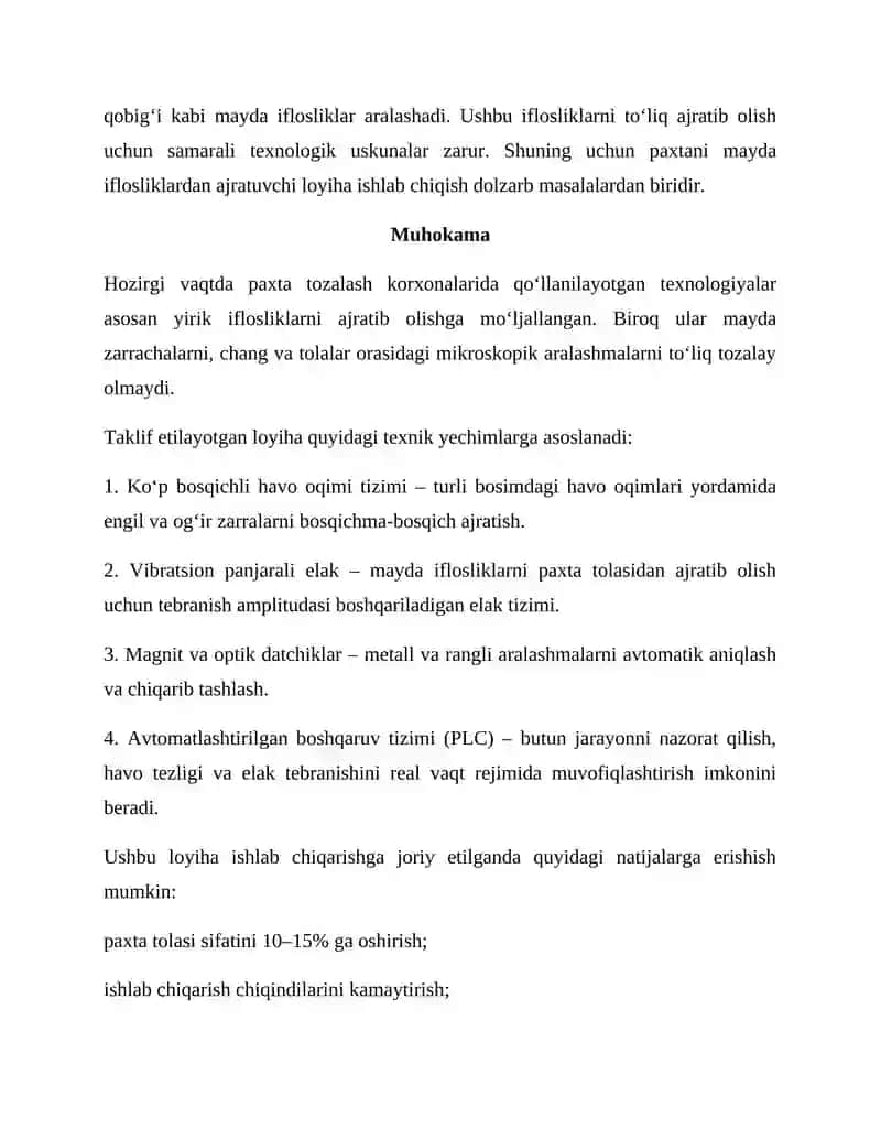 Paxtani mayda iflosliklardan ajratuvchi loyihani aniqlash 2