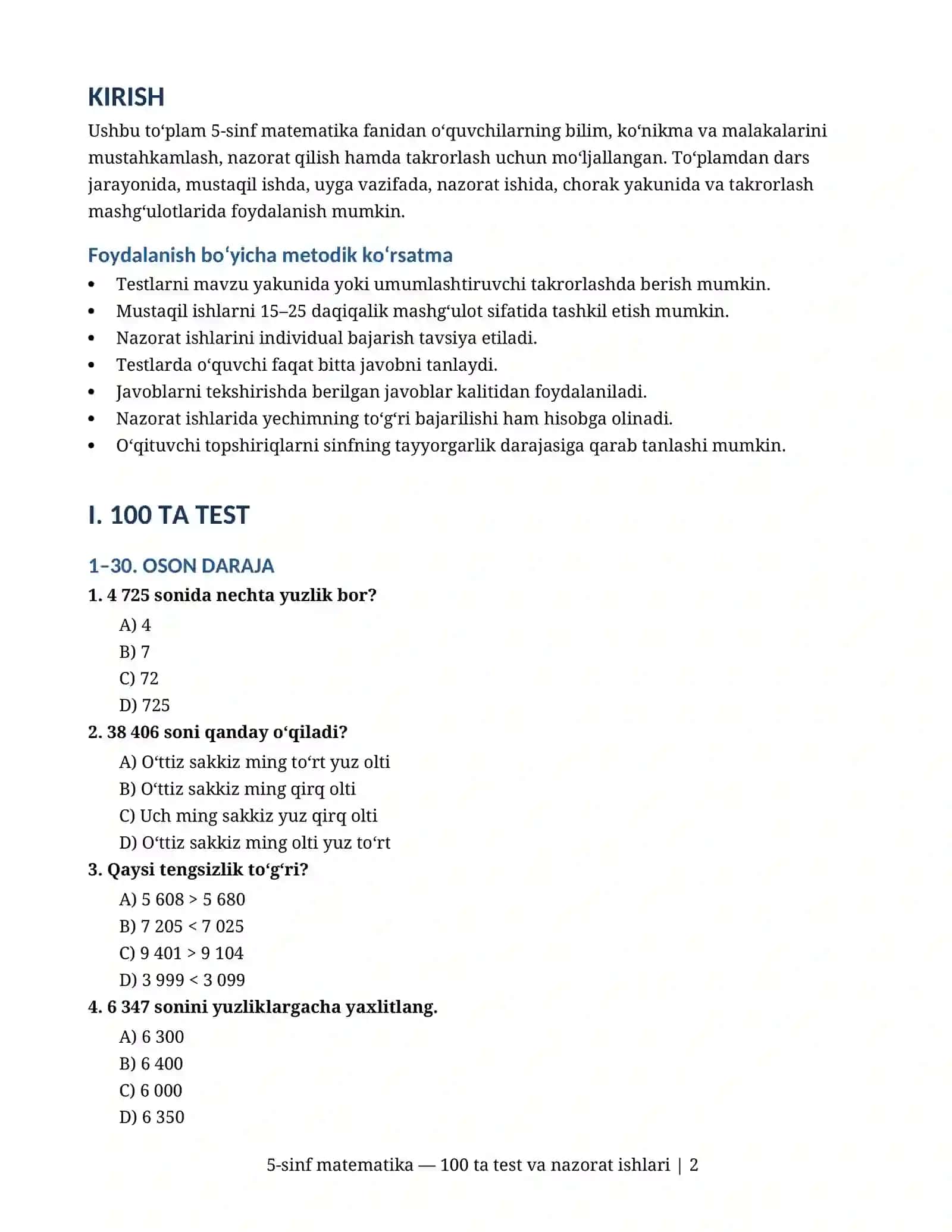 5-sinf matematika — 100 ta test va nazorat ishlari 2