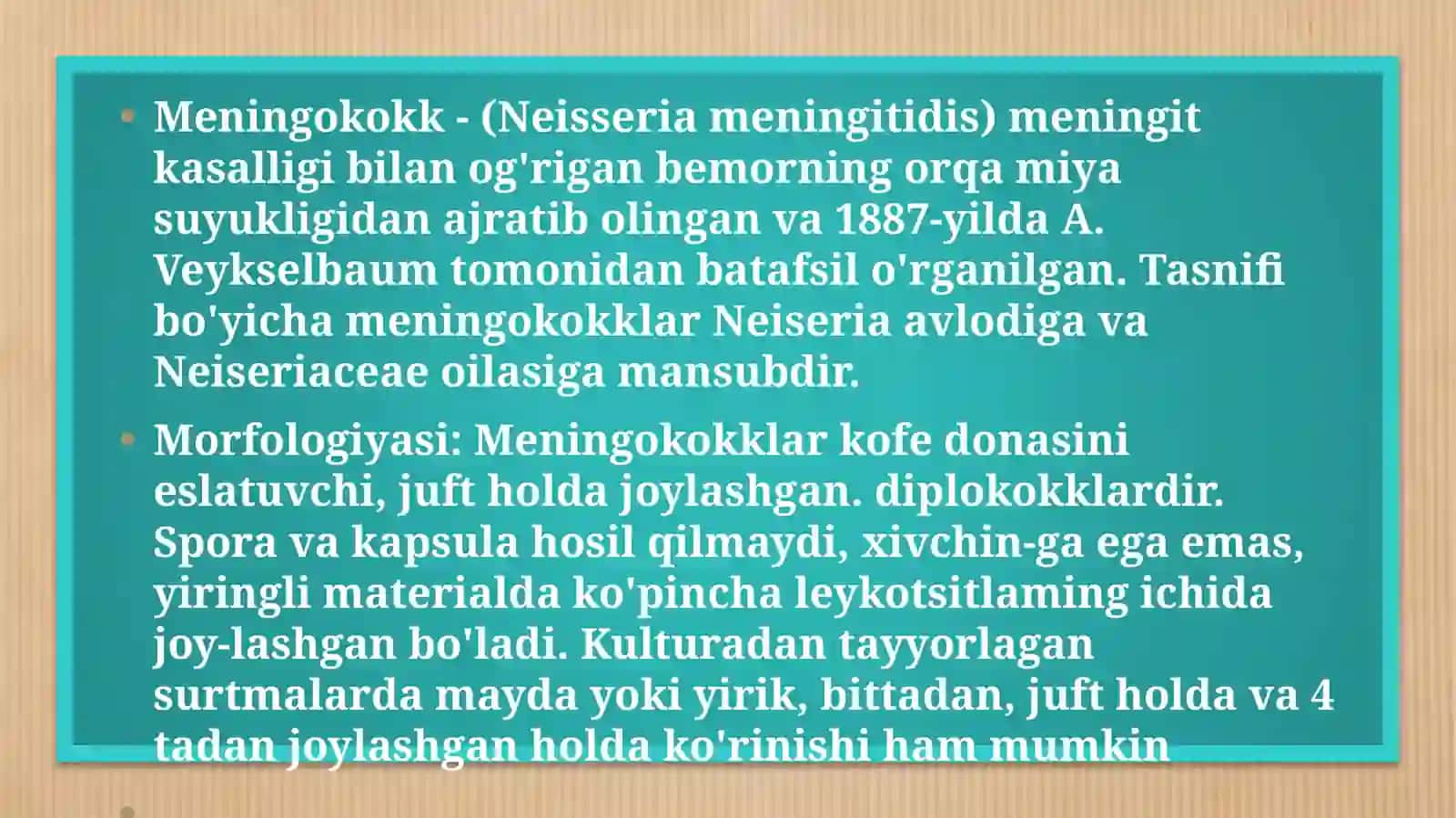 Yiringli yalig'lanish kasalliklarini keltirib chiqaruvchi mikroorganizmlar: meningokokklar, pnevmokokklar keltirib chiqaradigan kasalliklarning laboratoriya tashxisi 2
