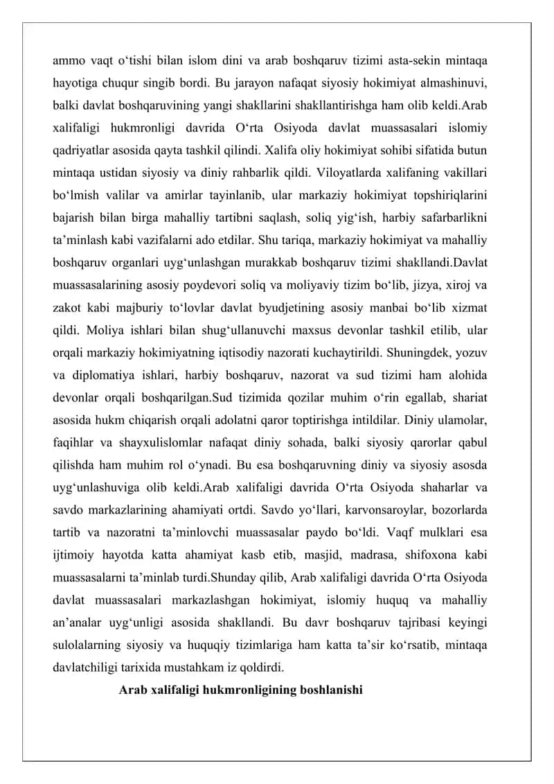 Arab xalifaligi davrida O‘rta Osiyoda davlat muassasalari 2