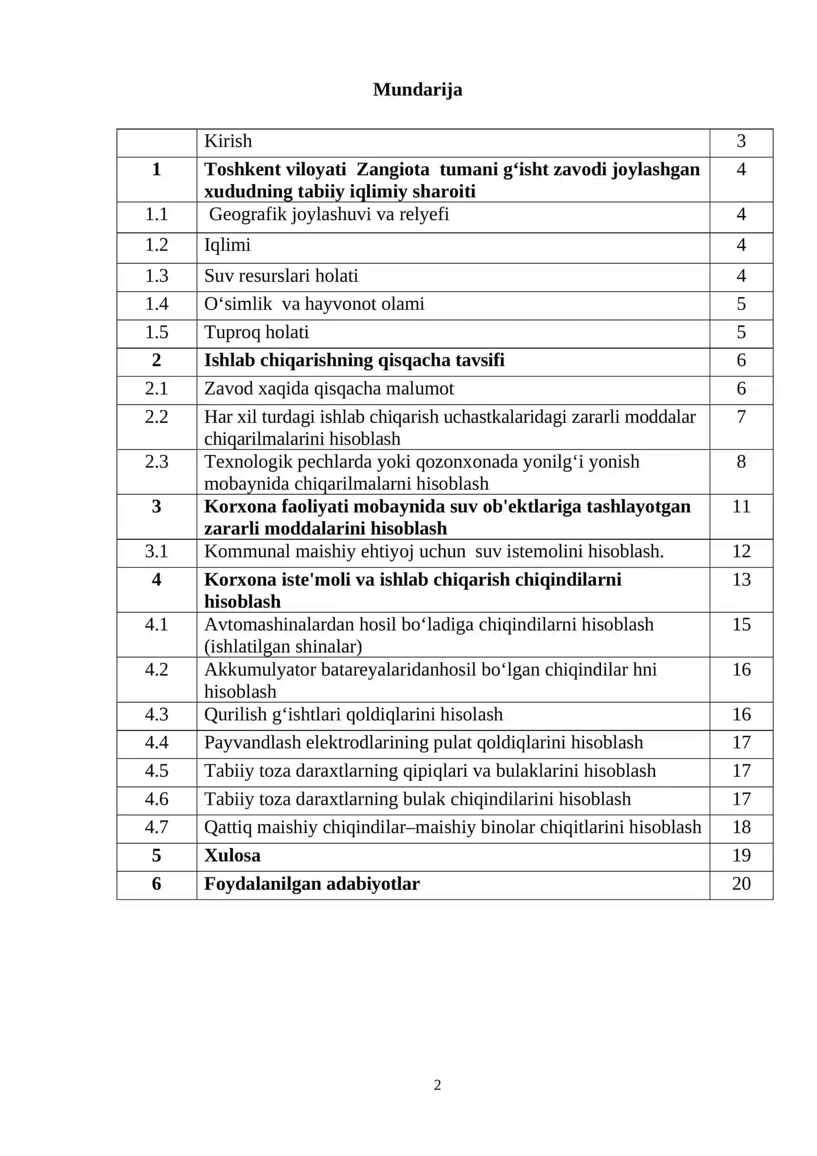 Kurs ishi_Qizil g‘isht ishlab chiqarish korxonasining ekologik pasportini tuzish 2