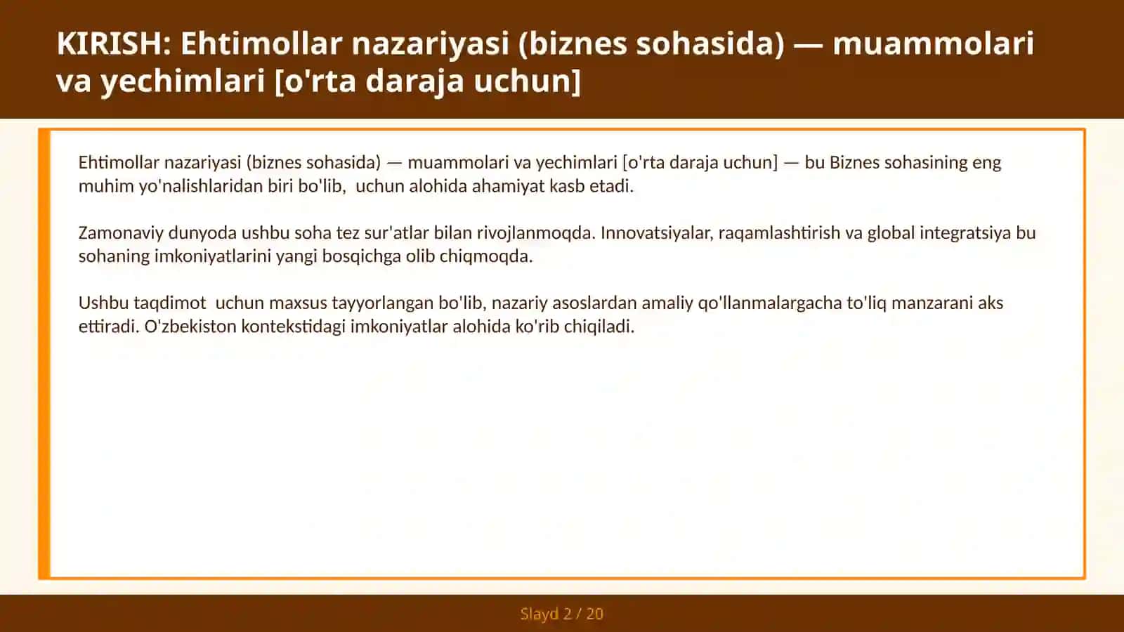 Ehtimollar nazariyasi (biznes sohasida) — muammolari va yechimlari [o'rta daraja uchun] 2